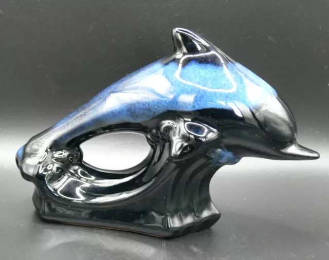 Blue Mountain Pottery Leaping Dolphin 12cm Blue/Green Black Drip Glaze