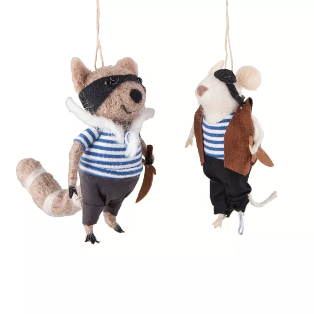 Pirate Mouse and Raccoon Wooly Ornaments Set of 2