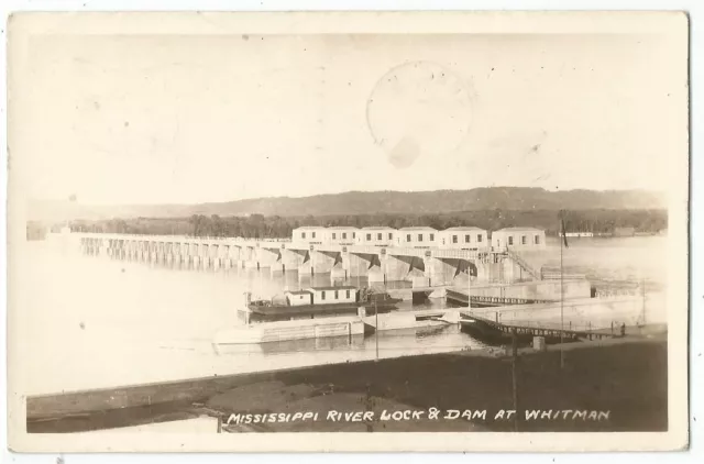 Whitman, MN Winona, Minnesota 1945 RPPC Postcard, Mississippi River Lock and Dam