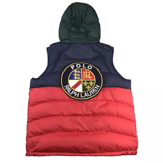 Polo Ralph Lauren Hooded Down Puffer Vest Mens Large Red Blue Crest Cookie NWT