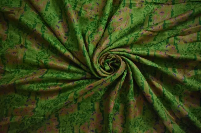 Sari indien en soie pure ombré vert vintage FNC avec imprimé floral 5 yards