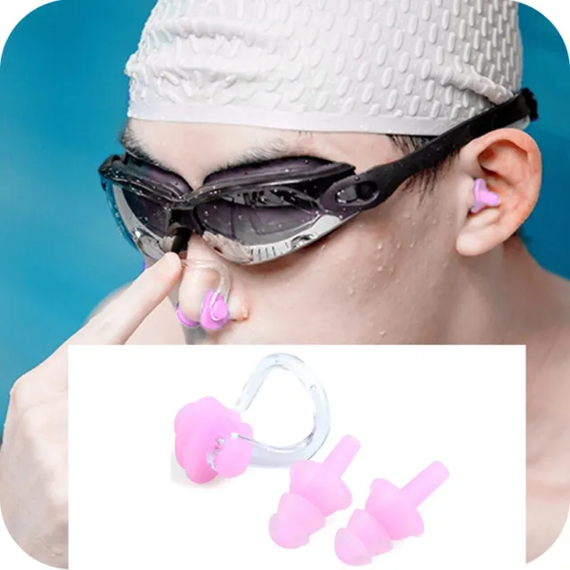 Pink UK Soft Kids Adults Swimming Diving In Ear Plugs And Nose Clip Set