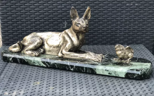 Henri PAYEN BRONZE LE CHIEN ET L’OISEAU BERGER ALLEMAND OISILLON  ART DECO XXème