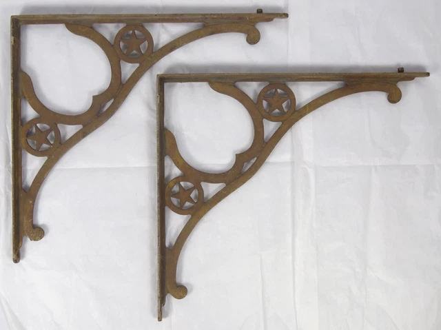 Antique Pair Cast Iron Western Motif Cowboy Star Book Shelf L Support Brackets