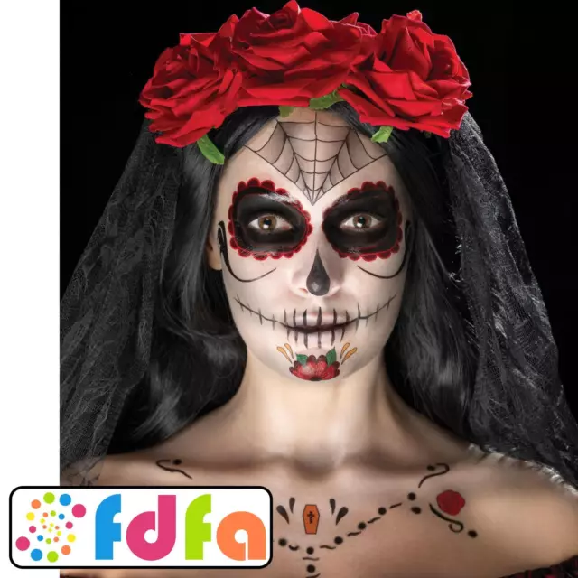 Smiffys Day Of The Dead Face Tattoo Transfers Halloween Fancy Dress Costume