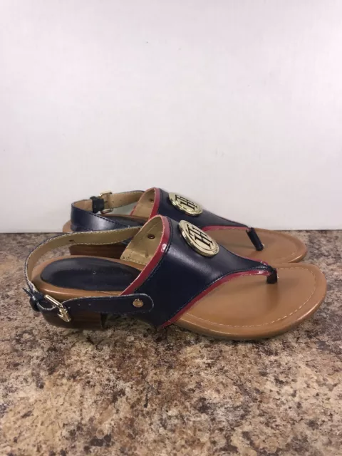 TOMMY HILFIGER Women's Size 6M Shania Flat Thong Gold Logo Sandals Navy / Red