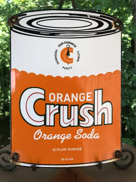 Vintage 1963 Dated Orange Crush Can 11” Porcelain Sign Soda Pop Cola Drink