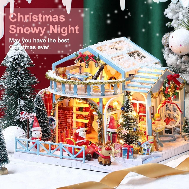 DIY DOLLHOUSE WOODEN Christmas Miniature Furniture Kit with LED Best