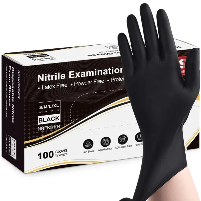 Nitrile Exam Gloves, Black, Medium, Box of 100, Disposable Nitrile Gloves, Latex