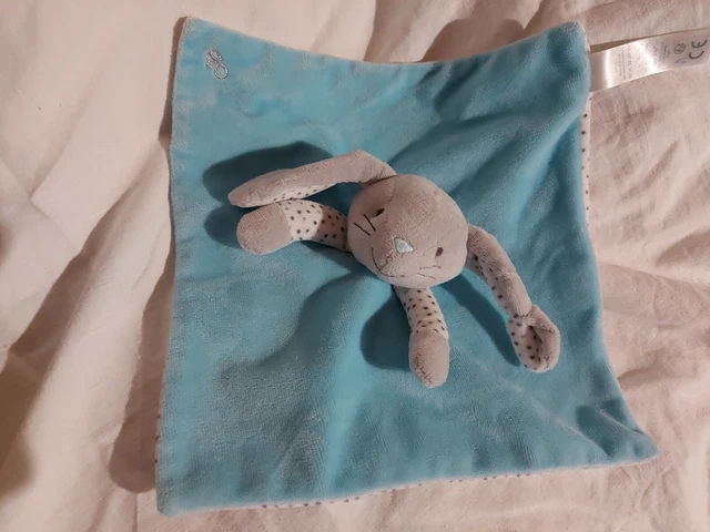 Doudou Lapin Plat Bleu Ciel Clair Étoiles Gris noir Obaibi Okaïdi état neuf