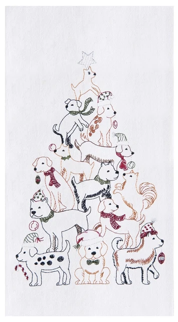 Playful Pups Dogs Stacked Up in Holiday Tree Shape Flour Sack Kitchen Dish Towel