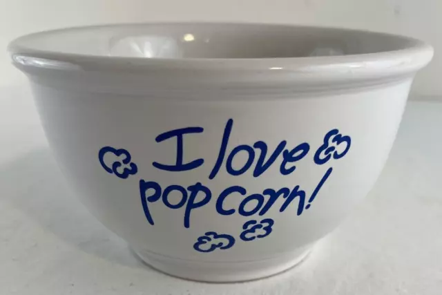 I Love Popcorn! Vintage Movie Night Ceramic Bowl Blue White 6.5x4" Stoneware