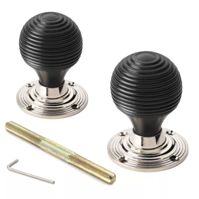 True Ebony Black Wood Beehive Rim Mortice Door Knobs Knob Pair Set Quality New