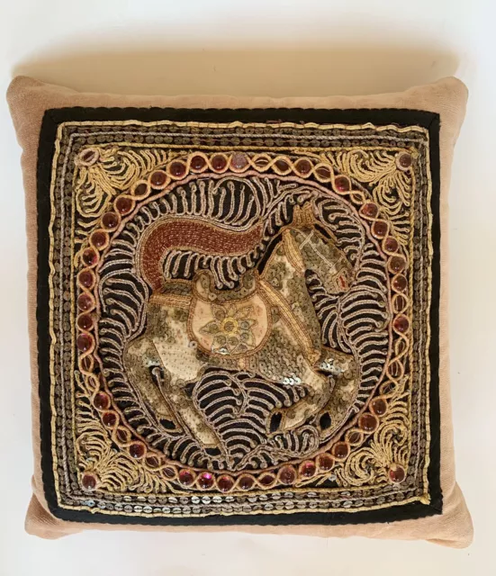 Vintage Burmese Pillow Kalaga Horse Embroidered Textile Tapestry