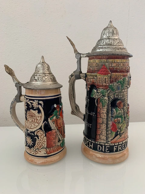Set 2 Boccali Da Birra Tedesco Con Coperchio Porcellana Ceramica Germany Vintage