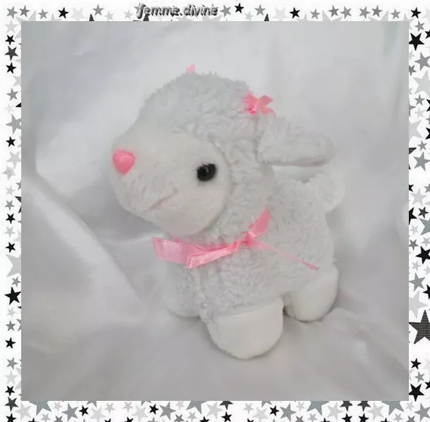 Doudou Peluche Agneau Mouton Blanc Noeuds Rose Sonore Vintage CP