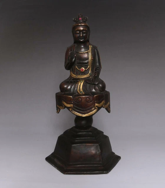 Old Rare Chinese Copper Statue Manjusri Buddha 30Cm Inlay Jade (E219)