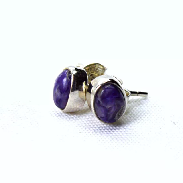 Charoite Sterling Silver Dainty Stud Earrings Natural Purple Crystal Studs Pair