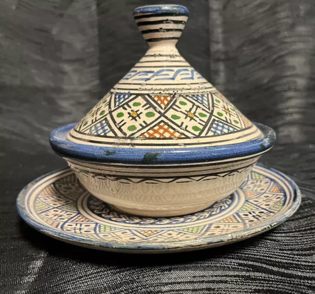 Vtg Hand Made and Hand Painted Tagine Pot Moroccan Bowl Plate Lid Signed