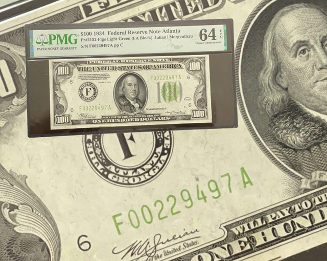 1934 $100 Atlanta Federal Reserve Note PMG 64 EPQ Fr#2152 2152F Light Green Rare