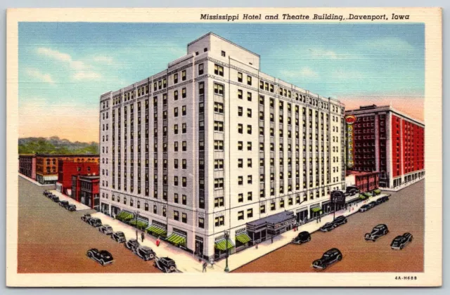 Postcard Mississippi Hotel and Theatre Building Old Cars Davenport, IA C5