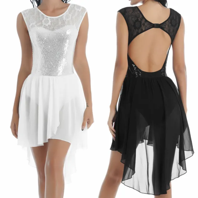 Women's Glitter Sequin Asymmetric Hem Dance Dress Chiffon Lace Patchwork Dresses