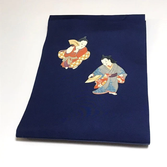 8436# Japanese Vintage Nagoya Obi Belt kimono Pure Silk Navy Blue Child's Design