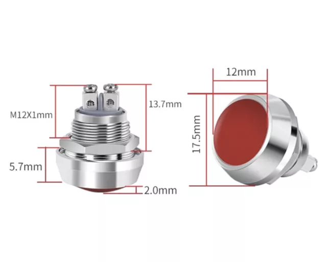 Druck Taster Schalter Push Button Switch 2 PIN Ø12mm 12V 24V 220V OFF-ON Metall✅ 3