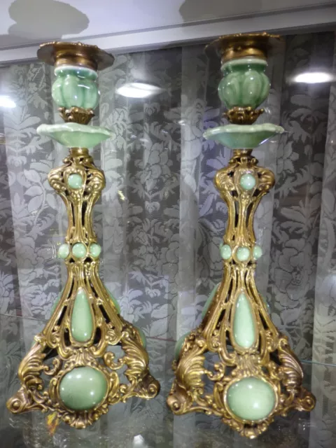 2 Art Deco/Nouveau 12.5'' French Provincial Type Porcelain Bronze Candlesticks