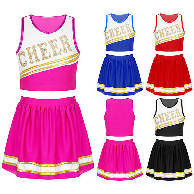 Kids Girls Cheer Leader Costume Two Piece Students Cheerleading Uniform Dress