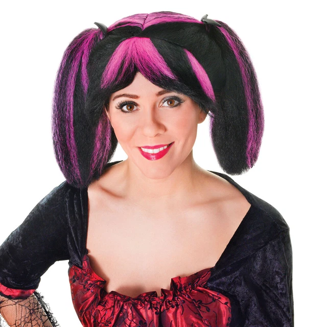 Black Steampunk Wig Halloween Pink Pigtails Schoolgirl Fancy Dress Accessory