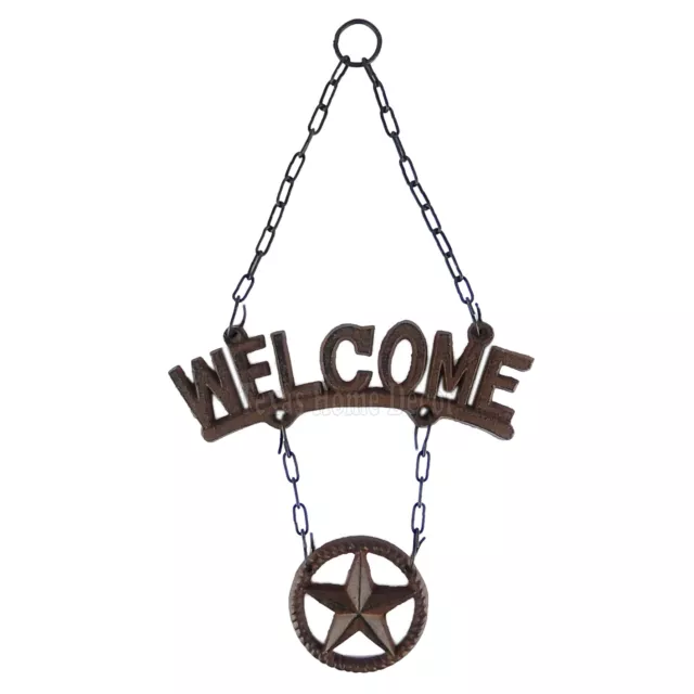 Cast Iron Welcome Porch Sign Western Wall Plaque Rustic Star Antique Style 13.5"