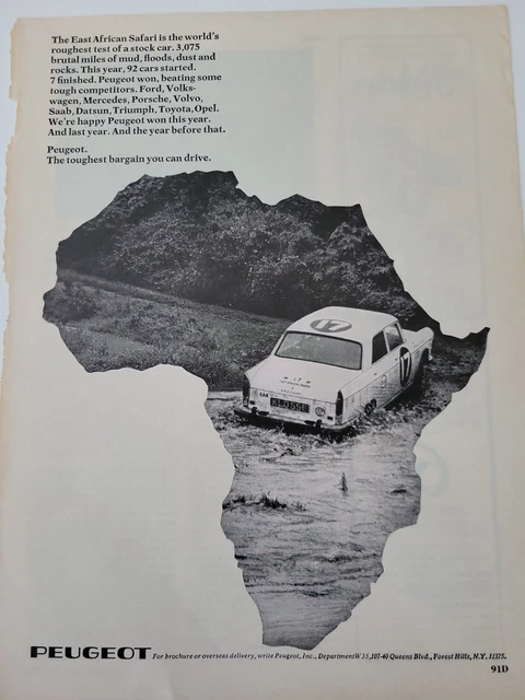 1968 Peugeot stock car water East African Safari vintage ad