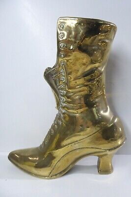Large Original Old Cast Brass Victorian Ladies Shoe Boot Statue Vase