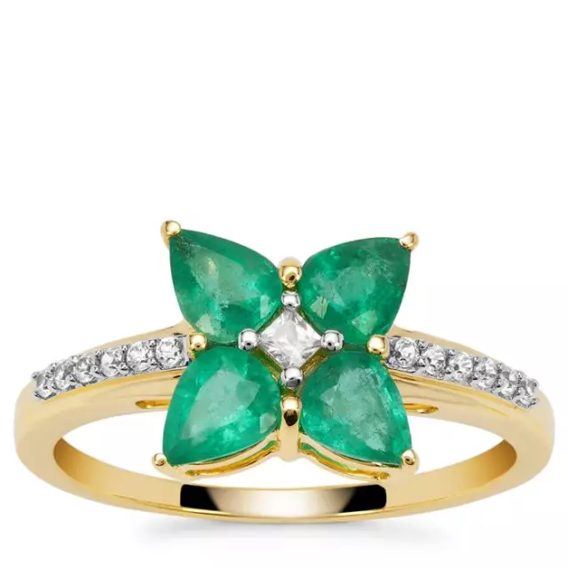 Zambian Emerald Pear Quartet & White Zircon 9K Yellow Gold Ring Size R-S/9
