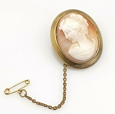 Vintage Brooch Pin Shell Cameo w/Safety Chain Costume Jewellery Jewelry