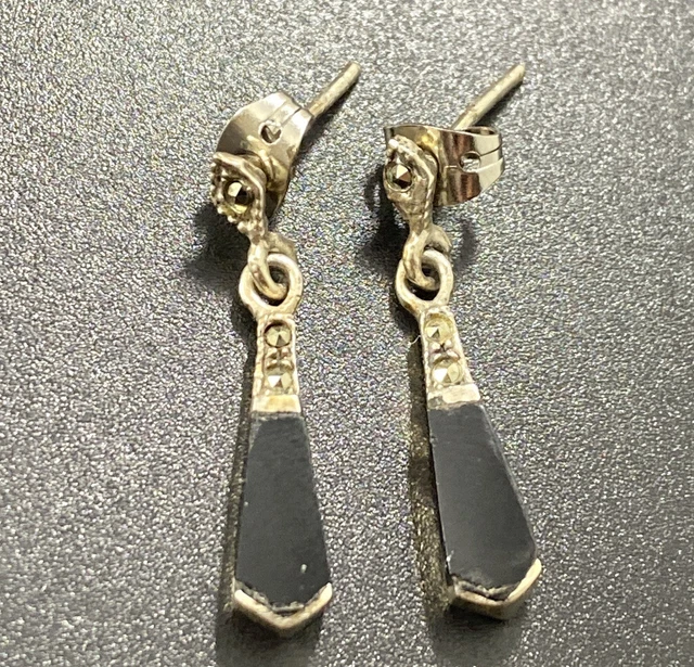 Charles Winston CW Marcasite Onyx Earrings Post Pierced Signed