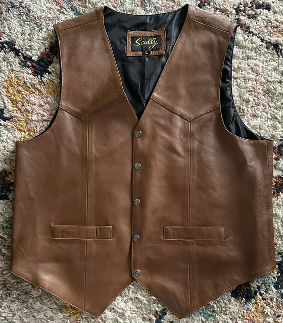 Scully*Soft Brown Leather Western Style Vest SnapUp Inside Vest Pocket 40" Chest