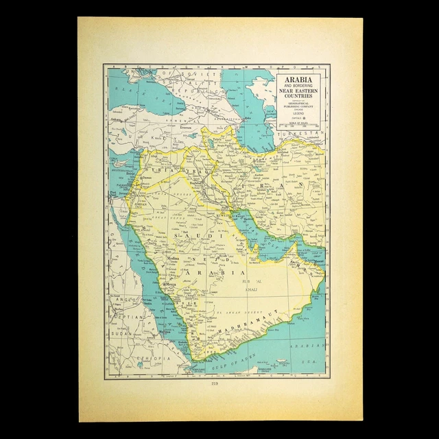 Vintage SAUDI ARABIA Map Palestine Mecca Mesopotamia Syria Iraq Iran 1940s