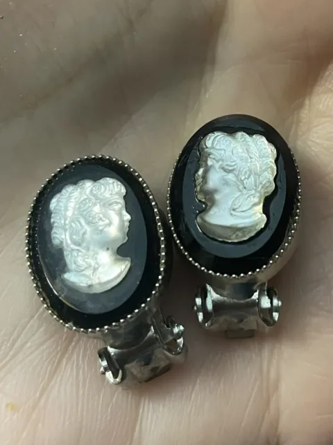 Black Intaglio Roman Greek Clip On Earrings cameo glass black silvertone