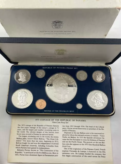 1975 Coinage of Republic of Panama Proof Set - Franklin Mint - 9 Coin Set -