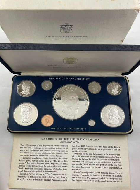 1975 Coinage of Republic of Panama Proof Set - Franklin Mint - 9 Coin Set -