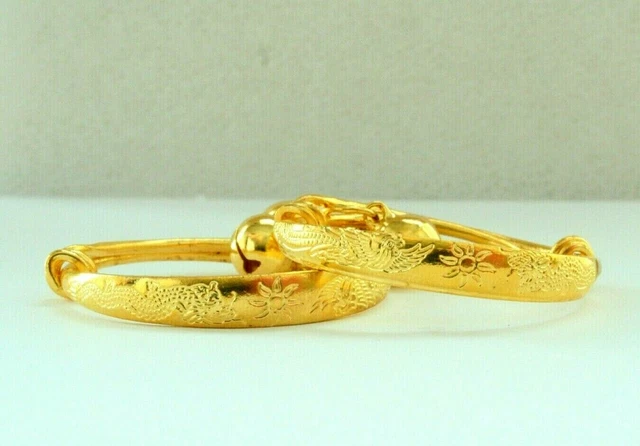 Set Of 2 ~ 22K Thai Baht Dp Yellow Gold Baby Girl Bell Bangle Ankles Bracelets
