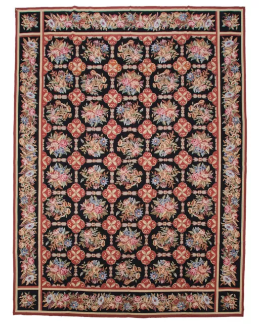 RRA 9x12 Fine Needlepoint Early American Style Block Design Black Rug 14162