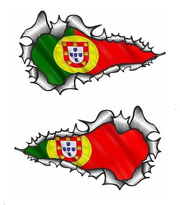 LARGE LONG Handed Pair Ripped Torn Metal Portugal Portuguese Flag car sticker