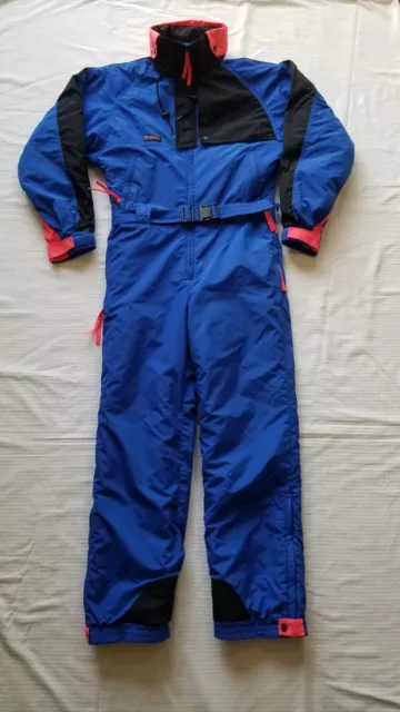Columbia Snowsuit Men's Small Vtg 90s One Piece Ski Suit Hidden Hood Blue Pink