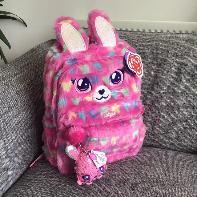 NEW Girls SMIGGLE Backpack School Bag Rucksack Fluffy Fave rabbit Glitz  Gold