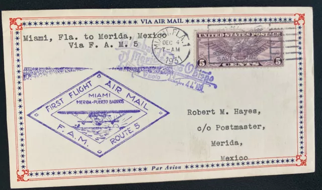 1931 Miami FL Usa First Flight Airmail cover FFC to Merida Yuc Mexico FAM 5