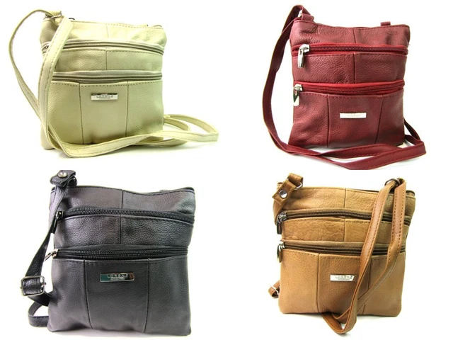 Femmes Lorenz Véritable Cuir Croisé Bandoulière Sac à Main Double Poche