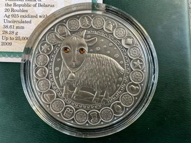 Capricorn Zodiac of the Sign 20 Roubles Silver Coin With Crystals Belarus 2009 (